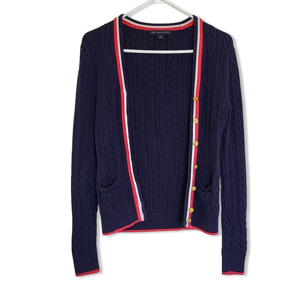 BROOKS BROTHERS Cotton Cable Knit Navy Cardigan with Red and White Trim